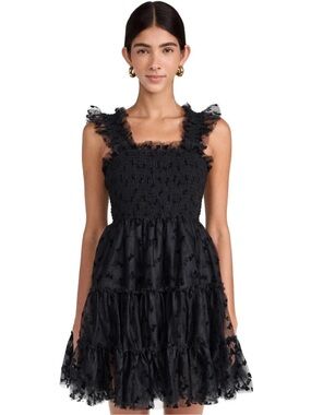 En Saison Black Casey Flutter Velvet Bow Print Flocked Mesh Tiered Dress Sz M